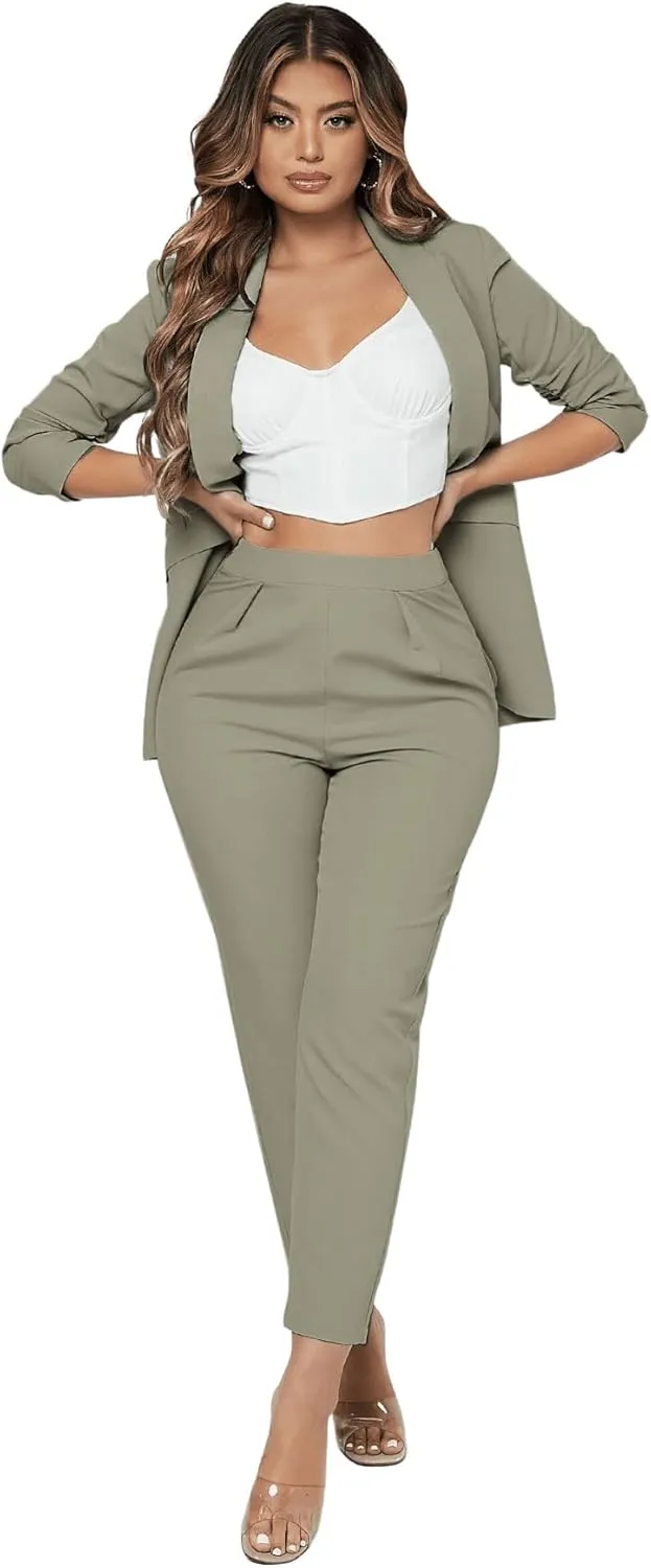 SweatyRocks Women's 2 Piece Solid Ruched Sleeve Blazer and Pants Business Office Suit Set