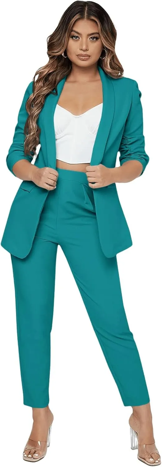 SweatyRocks Women's 2 Piece Solid Ruched Sleeve Blazer and Pants Business Office Suit Set