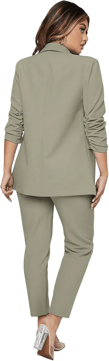 SweatyRocks Women's 2 Piece Solid Ruched Sleeve Blazer and Pants Business Office Suit Set