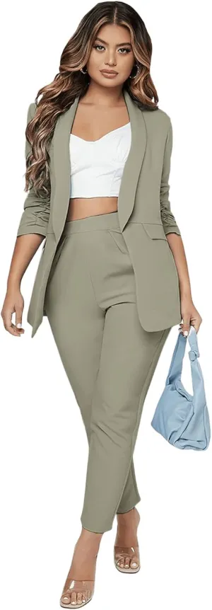 SweatyRocks Women's 2 Piece Solid Ruched Sleeve Blazer and Pants Business Office Suit Set