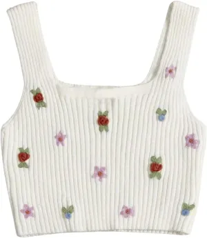 SweatyRocks Women's Sleeveless Ribbed Knit Vest Top Scoop Neck Floral Slim Fit Crop Tank Tops