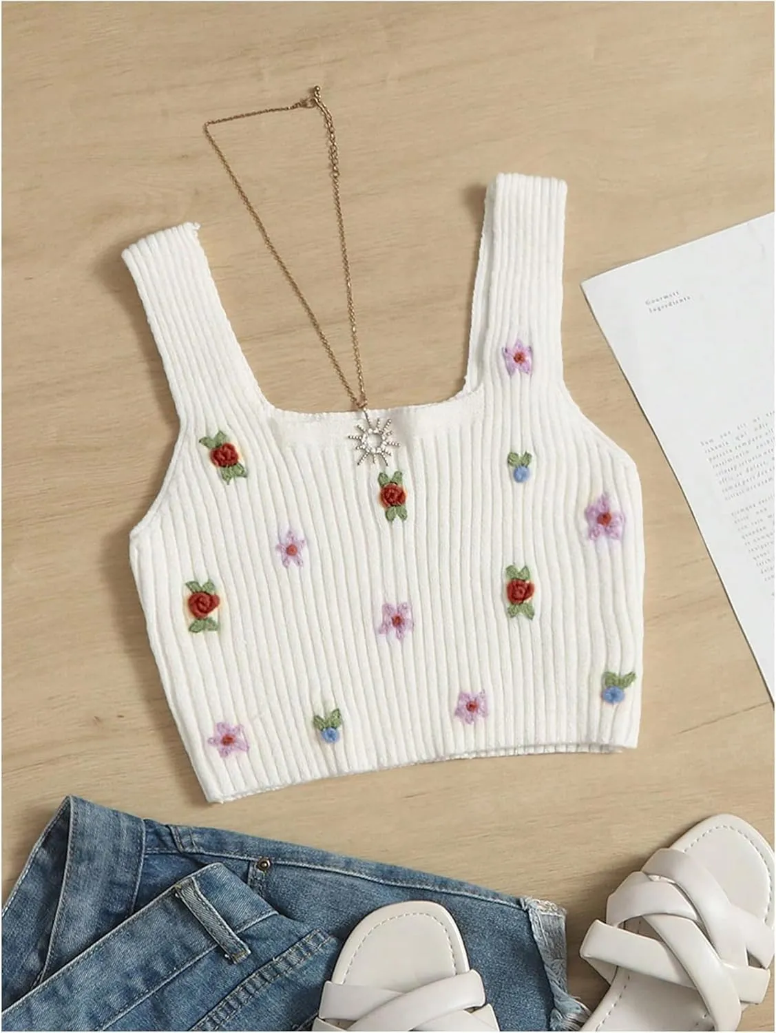 SweatyRocks Women's Sleeveless Ribbed Knit Vest Top Scoop Neck Floral Slim Fit Crop Tank Tops