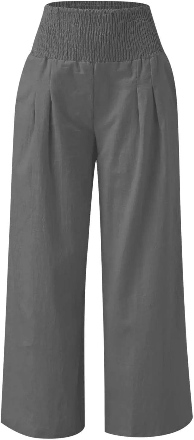 TANGNADE Women Summer Smocked High Waisted Cotton Linen Palazzo Pants Plus Size Wide Leg Casual Loose Travel Gauze Trouser