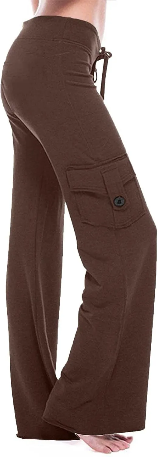 TANGNADE Womens Cargo Pants High Waist Wide Leg Pants with Pockets Drawstring Yoga Workout Leggings Gym Trouser Pants