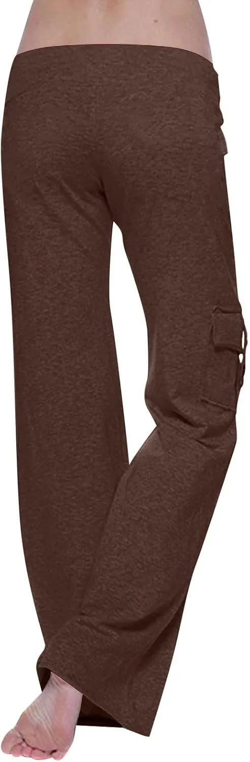 TANGNADE Womens Cargo Pants High Waist Wide Leg Pants with Pockets Drawstring Yoga Workout Leggings Gym Trouser Pants
