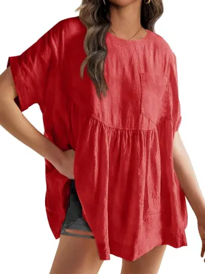 Tankaneo Womens Summer Babydoll Tops Short Sleeve Crew Neck Tunic T Shirts Cute Swing Mini Dress (US, Alpha, Medium, Regular, Regular, Red)