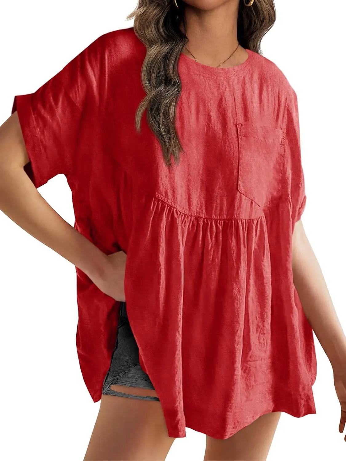 Tankaneo Womens Summer Babydoll Tops Short Sleeve Crew Neck Tunic T Shirts Cute Swing Mini Dress (US, Alpha, Medium, Regular, Regular, Red)