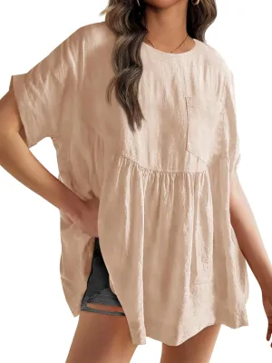 Tankaneo Womens Summer Babydoll Tops Short Sleeve Crew Neck Tunic T Shirts Cute Swing Mini Dress (US, Alpha, Small, Regular, Regular, Khaki)
