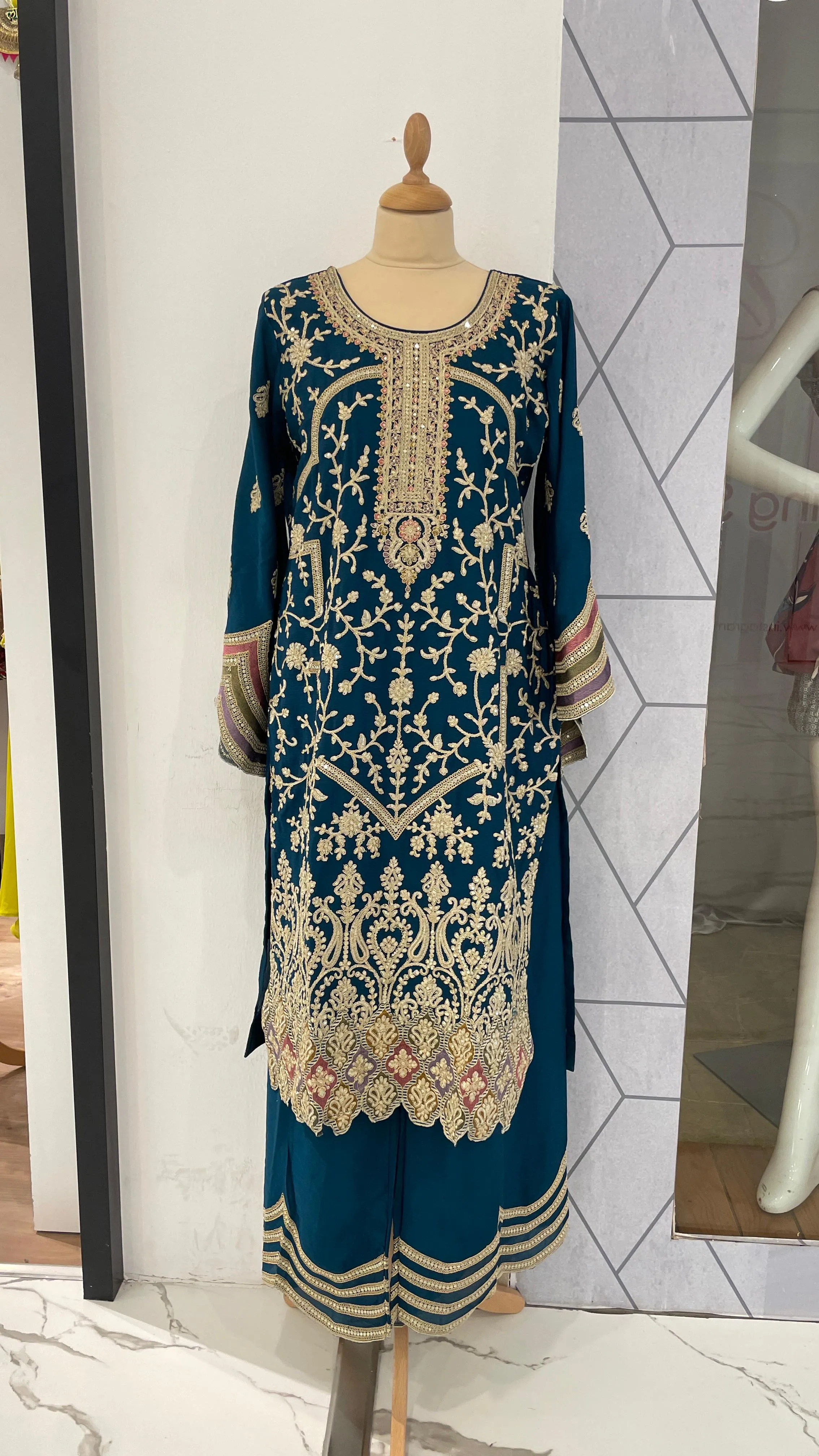Teal Blue with Gold Palazzo Sets (Ready to Wear)