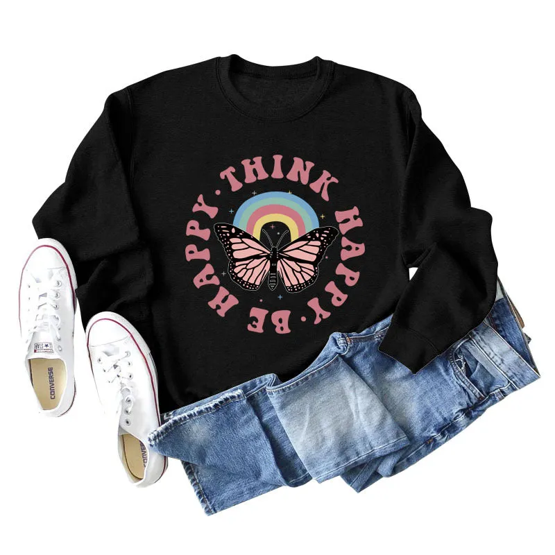 THINK HAPPY BE HAPPY BUTTERFLY MONOGRAM PRINT LONG-SLEEVED SWEATSHIRT