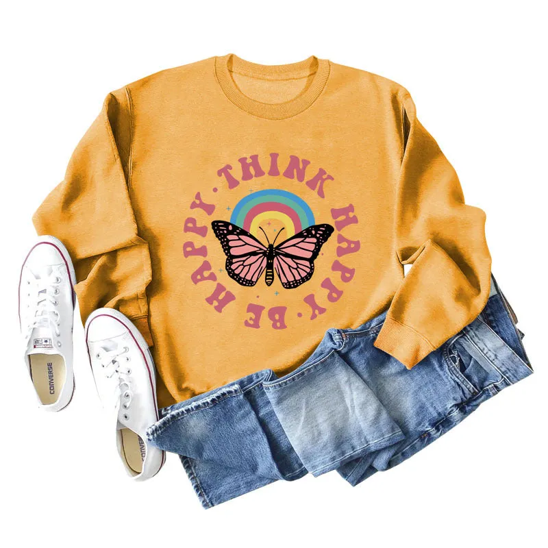 THINK HAPPY BE HAPPY BUTTERFLY MONOGRAM PRINT LONG-SLEEVED SWEATSHIRT