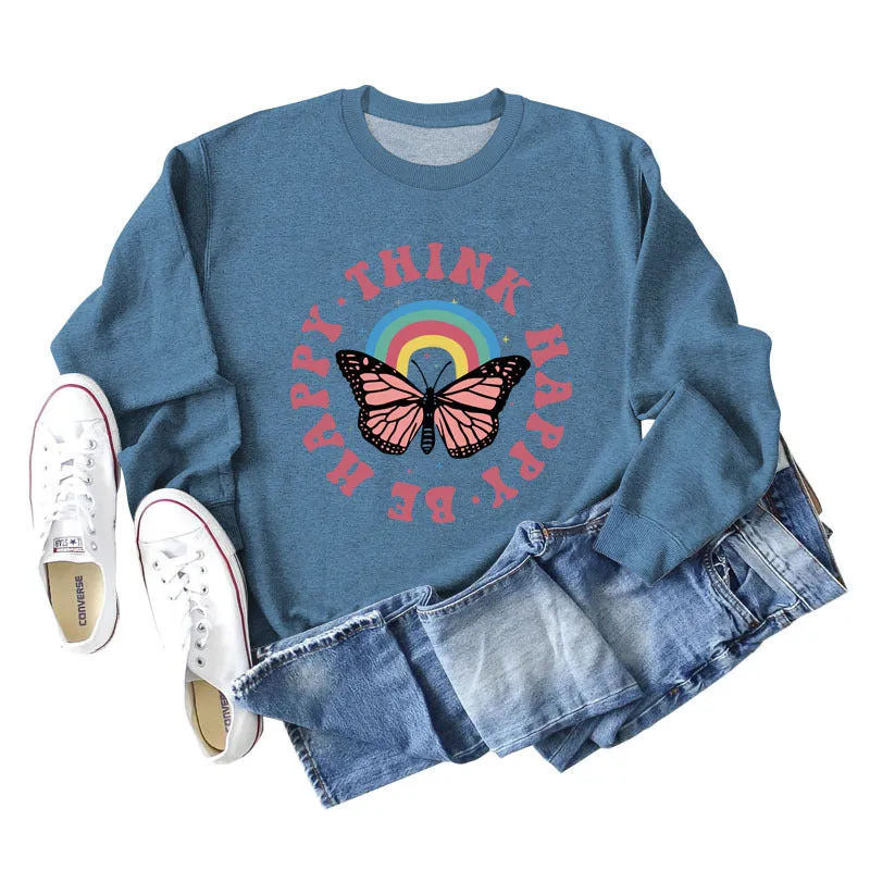 THINK HAPPY BE HAPPY BUTTERFLY MONOGRAM PRINT LONG-SLEEVED SWEATSHIRT