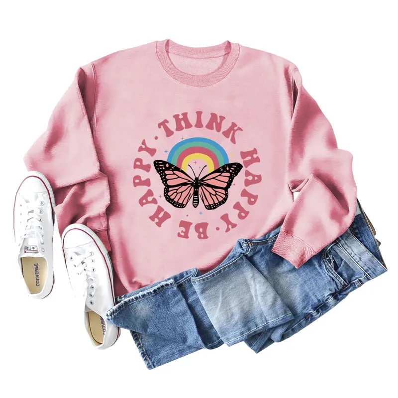 THINK HAPPY BE HAPPY BUTTERFLY MONOGRAM PRINT LONG-SLEEVED SWEATSHIRT