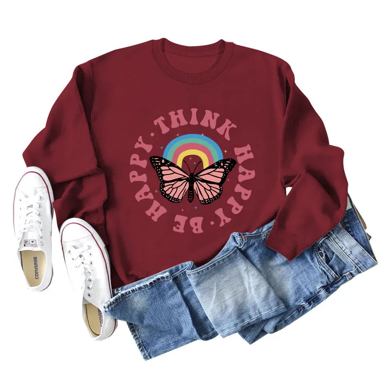 THINK HAPPY BE HAPPY BUTTERFLY MONOGRAM PRINT LONG-SLEEVED SWEATSHIRT