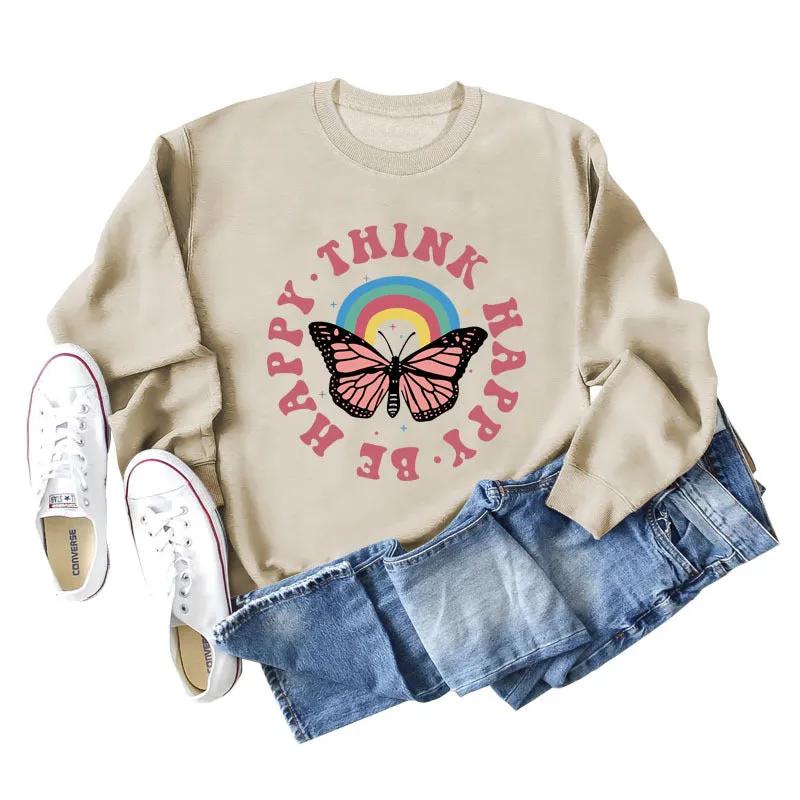 THINK HAPPY BE HAPPY BUTTERFLY MONOGRAM PRINT LONG-SLEEVED SWEATSHIRT