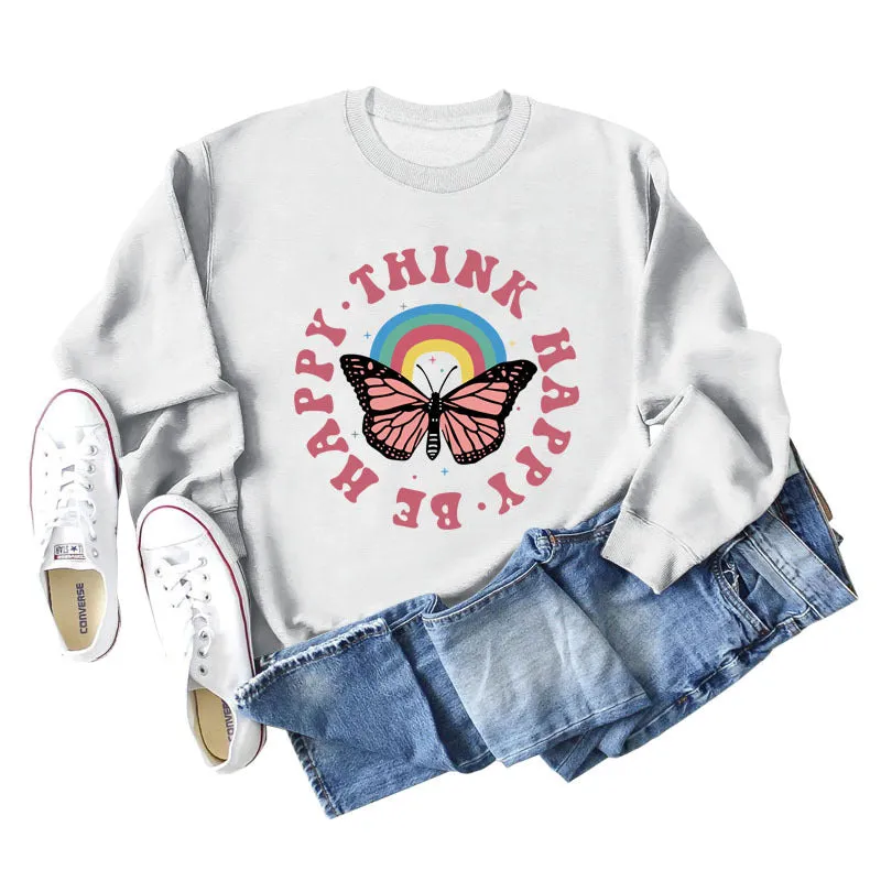 THINK HAPPY BE HAPPY BUTTERFLY MONOGRAM PRINT LONG-SLEEVED SWEATSHIRT
