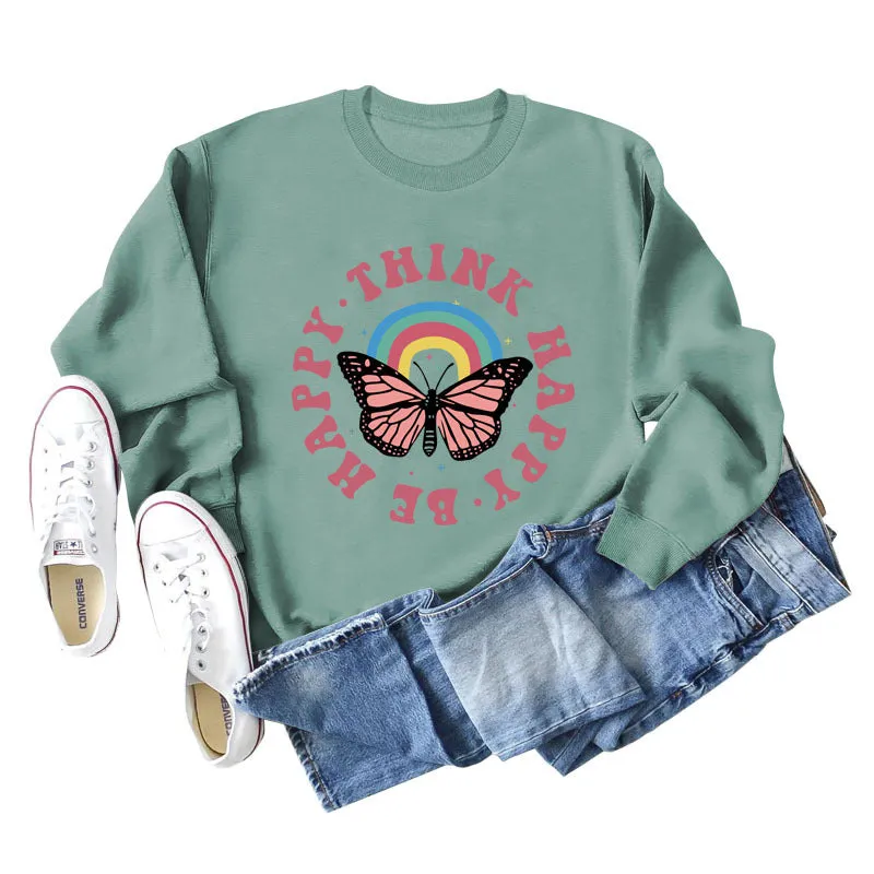 THINK HAPPY BE HAPPY BUTTERFLY MONOGRAM PRINT LONG-SLEEVED SWEATSHIRT