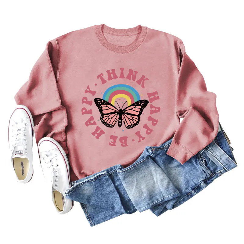 THINK HAPPY BE HAPPY BUTTERFLY MONOGRAM PRINT LONG-SLEEVED SWEATSHIRT
