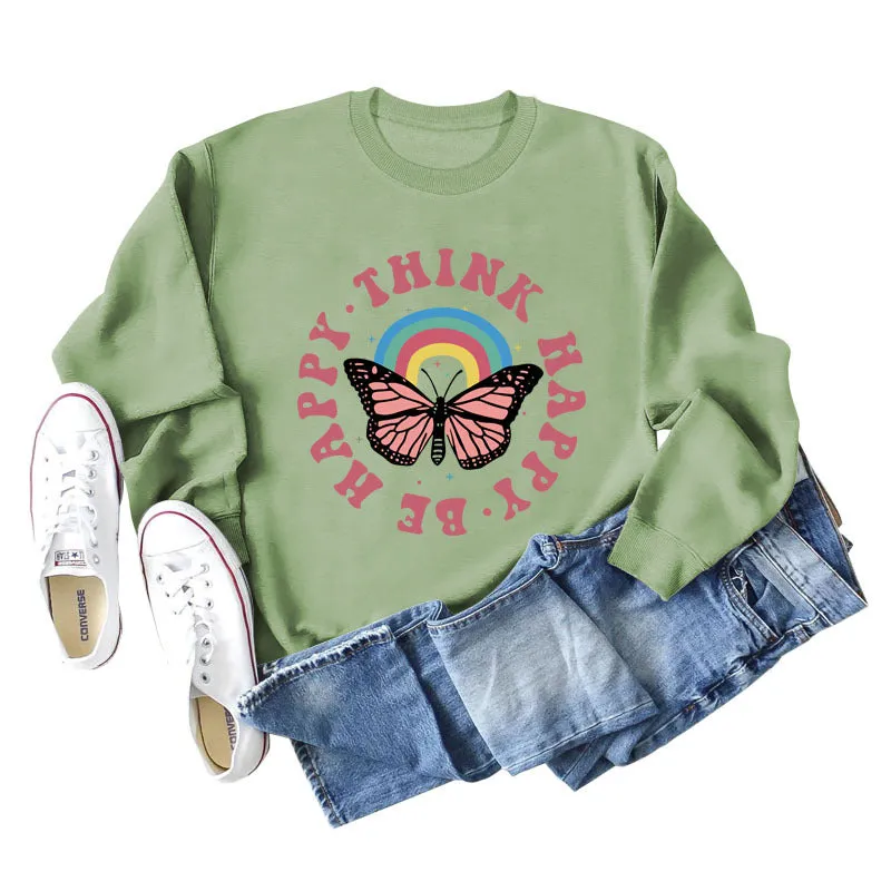 THINK HAPPY BE HAPPY BUTTERFLY MONOGRAM PRINT LONG-SLEEVED SWEATSHIRT