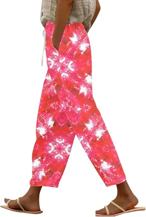 Tie Dye Linen Pants for Women Drawstring Waisted Wide Leg 3D Printed Trousers Summer Beach Lounge Pants with Pockets