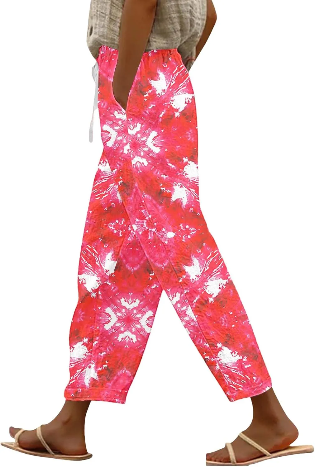 Tie Dye Linen Pants for Women Drawstring Waisted Wide Leg 3D Printed Trousers Summer Beach Lounge Pants with Pockets