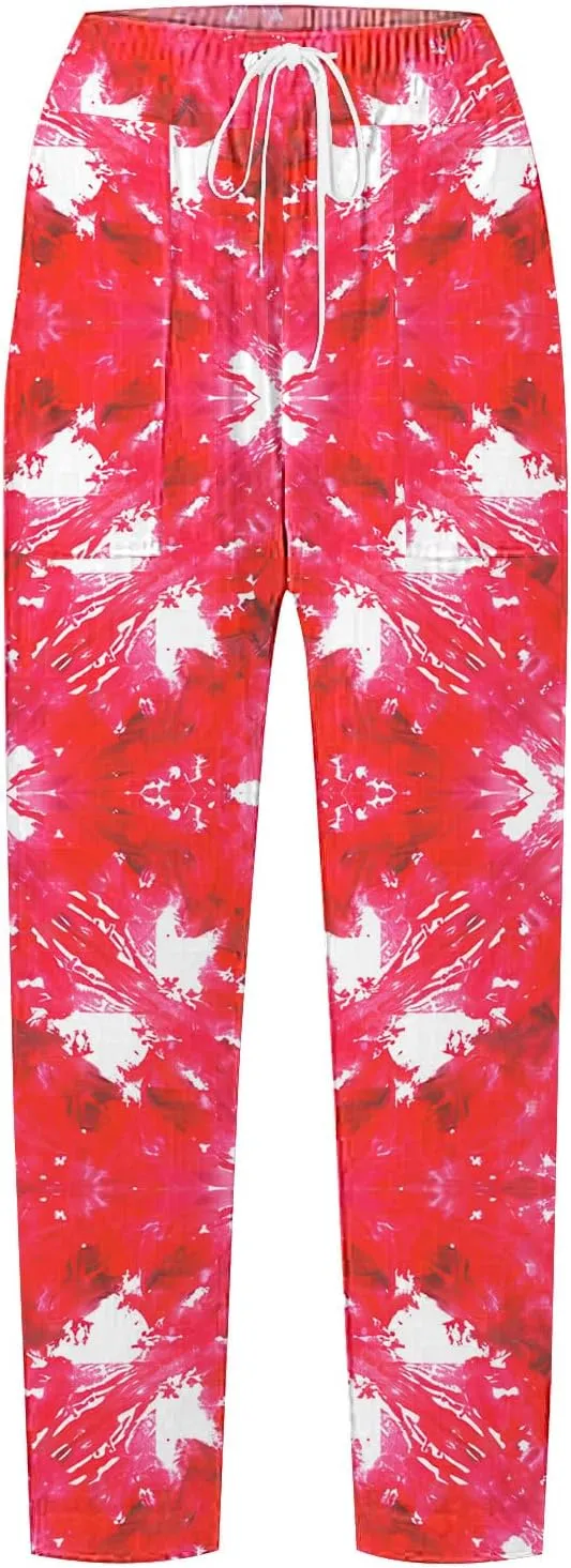 Tie Dye Linen Pants for Women Drawstring Waisted Wide Leg 3D Printed Trousers Summer Beach Lounge Pants with Pockets