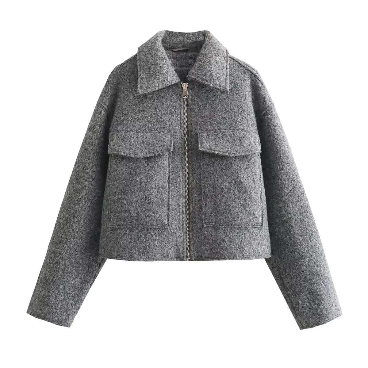 Tweed Cropped Zip-Up Jacket  Womens Streetwear for Autumn/Winter