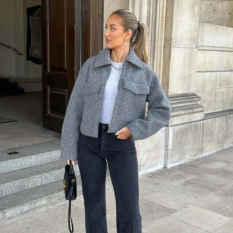 Tweed Cropped Zip-Up Jacket  Womens Streetwear for Autumn/Winter