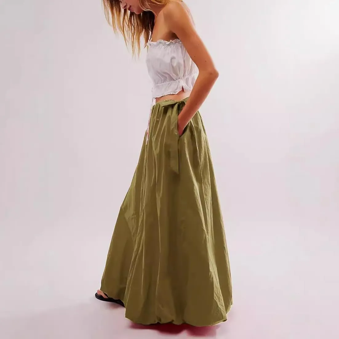 utcoco Women 2025 Trendy Baggy Parachute Skirt Comfy Casual Side Tie Y2k Cargo Maxi Long Skirt