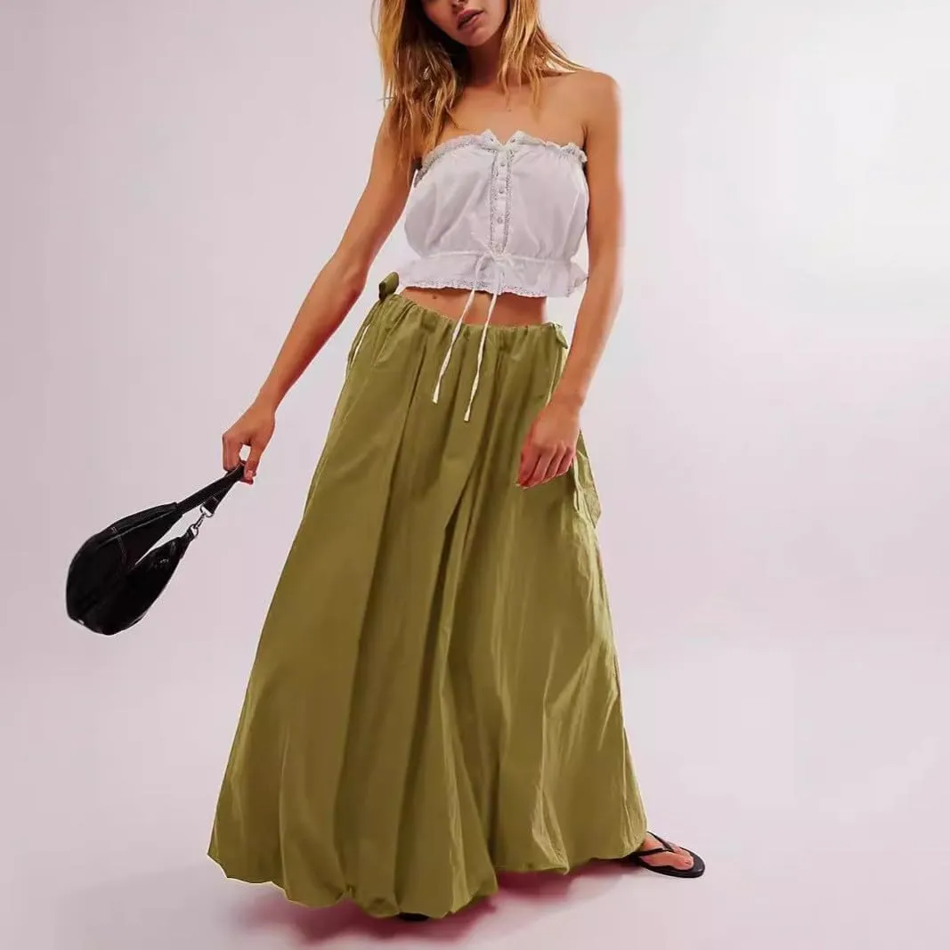 utcoco Women 2025 Trendy Baggy Parachute Skirt Comfy Casual Side Tie Y2k Cargo Maxi Long Skirt