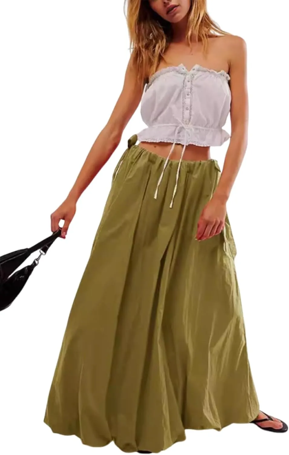 utcoco Women 2025 Trendy Baggy Parachute Skirt Comfy Casual Side Tie Y2k Cargo Maxi Long Skirt