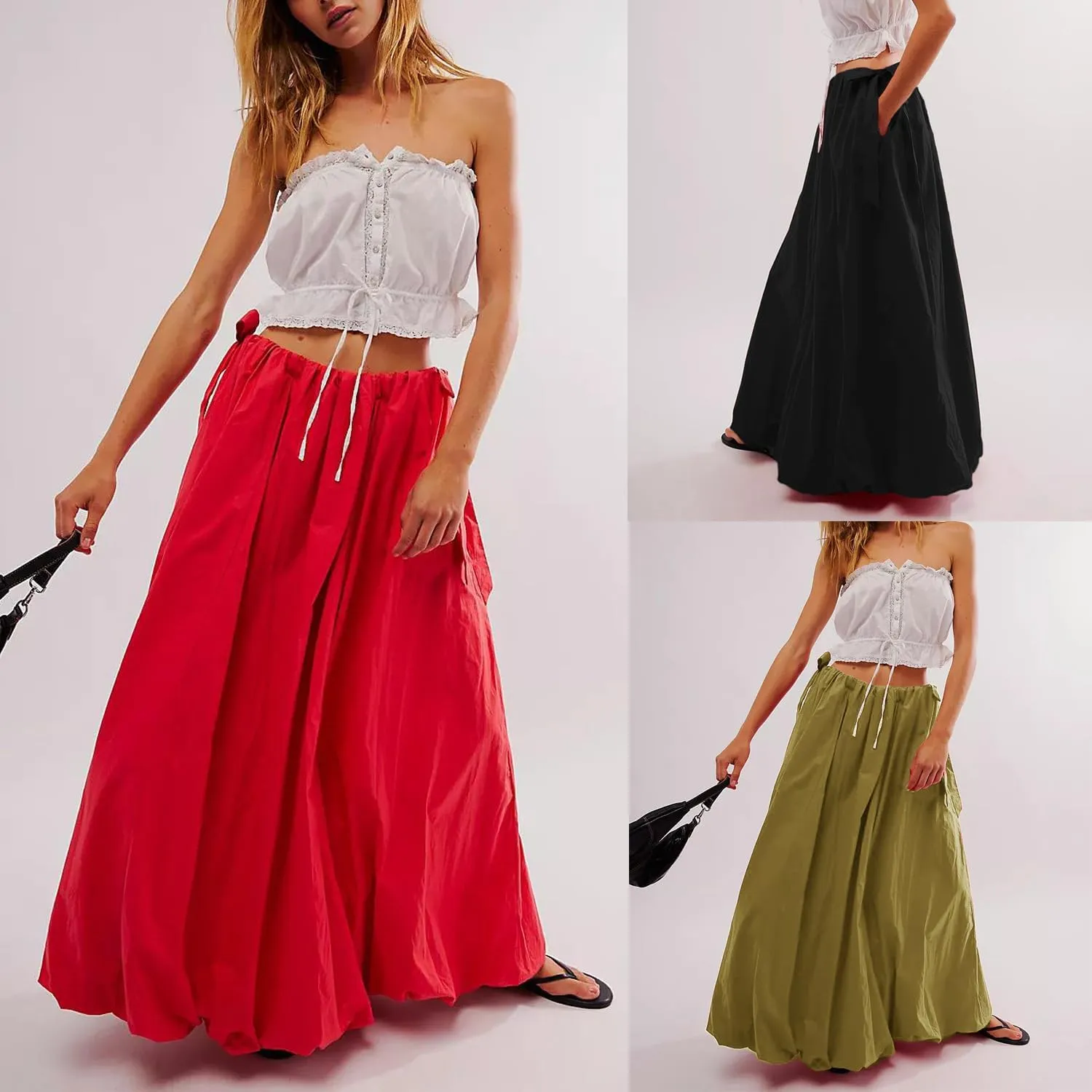 utcoco Women 2025 Trendy Baggy Parachute Skirt Comfy Casual Side Tie Y2k Cargo Maxi Long Skirt