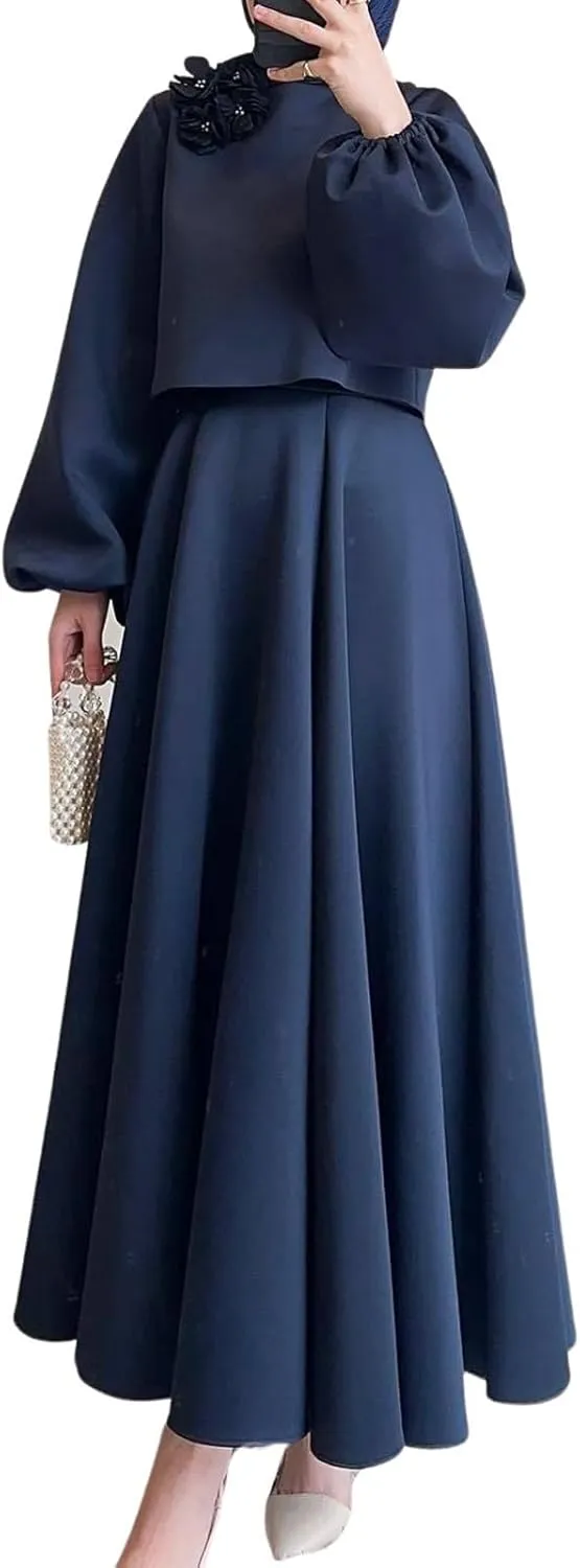 utcoco Womens Skirt Sets 2 Piece Outfits Flower Deco Long Sleeve Crop Tops and High Waisted Maxi Skirt Set