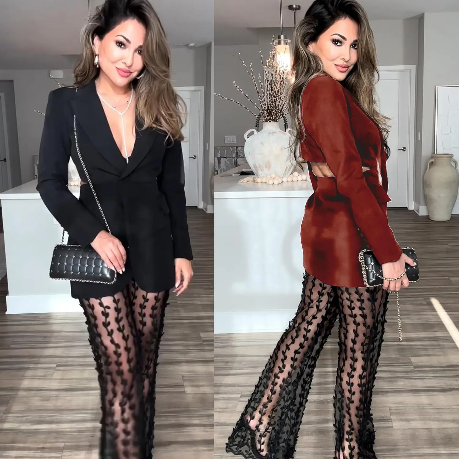 utcoco Women's Y2K Two Piece Set Hollow Out Waist Blazer Jacket Lace Pants Set ClubwearOrder Separately