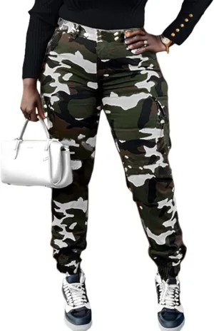 Vakkest Womens Camo Cargo Pants Army Fatigue Jogger Camouflage High Waist Trouser Clubwear Y2K Sweatpants with Belt