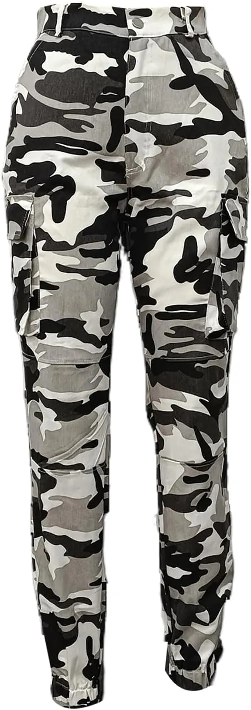 Vakkest Womens Camo Cargo Pants Army Fatigue Jogger Camouflage High Waist Trouser Clubwear Y2K Sweatpants with Belt