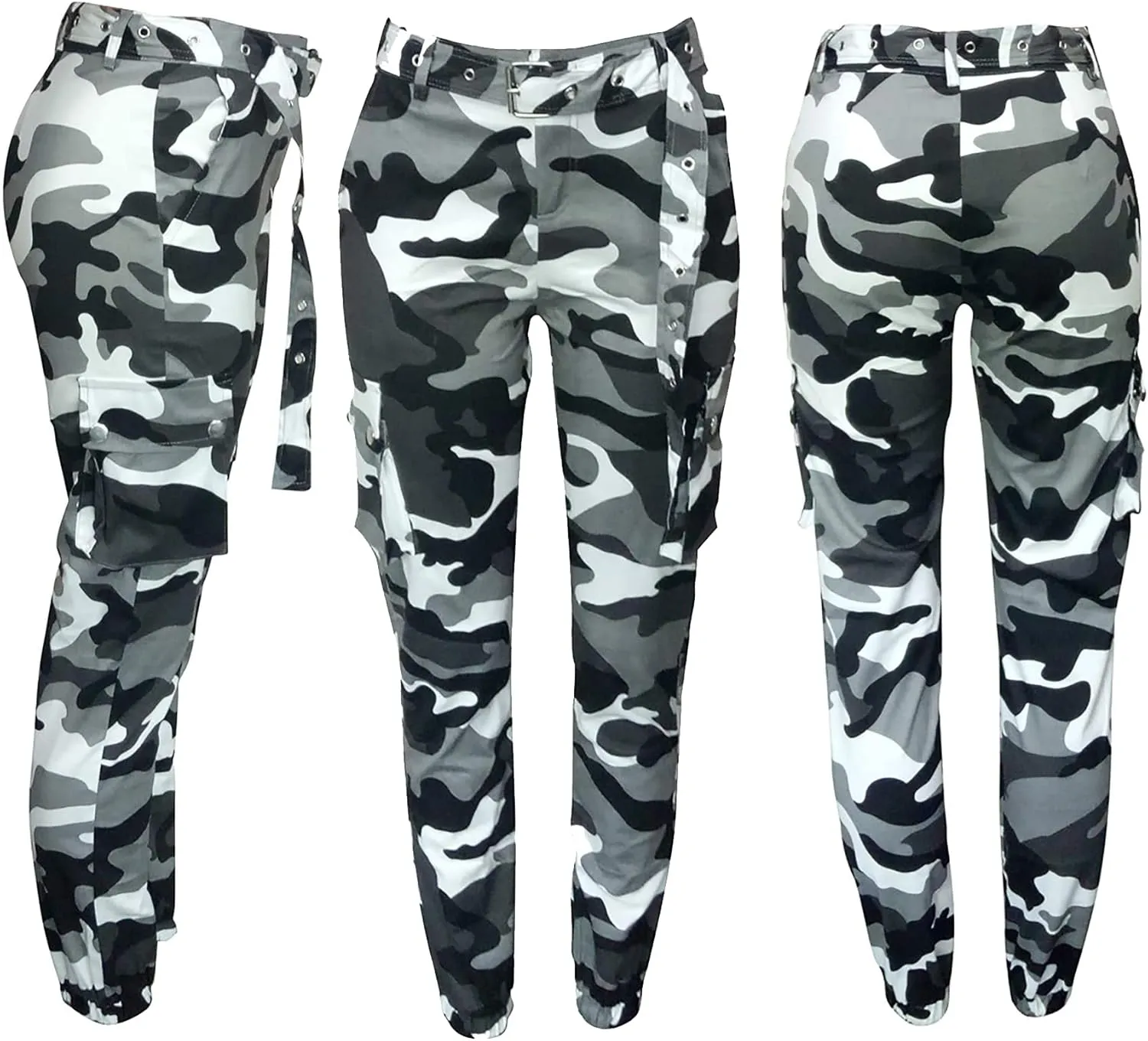 Vakkest Women's Camo Cargo Pants High Waist Slim Fit Trousers Camouflage Active Jogger Pocket Sweatpants with Belt