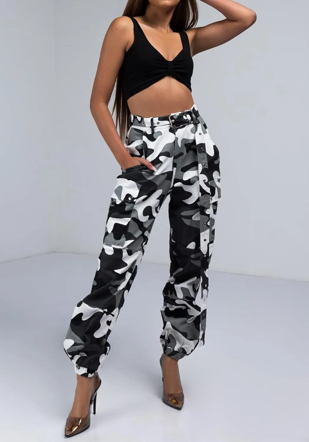 Vakkest Women's Camo Cargo Pants High Waist Slim Fit Trousers Camouflage Active Jogger Pocket Sweatpants with Belt