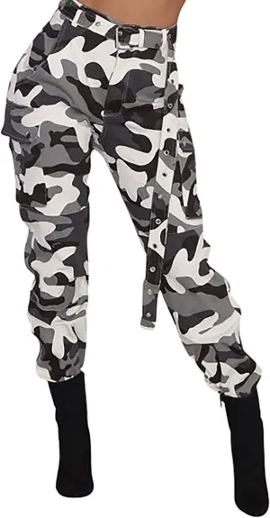 Vakkest Women's Camo Cargo Pants High Waist Slim Fit Trousers Camouflage Active Jogger Pocket Sweatpants with Belt