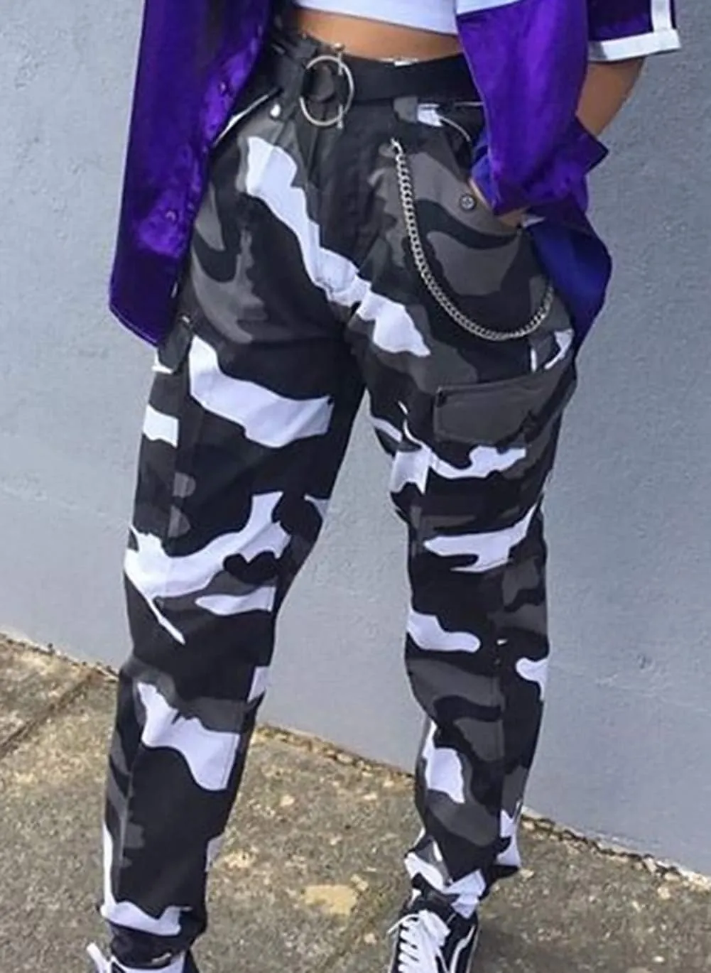 Vakkest Women's Camo Cargo Pants High Waist Slim Fit Trousers Camouflage Active Jogger Pocket Sweatpants with Belt