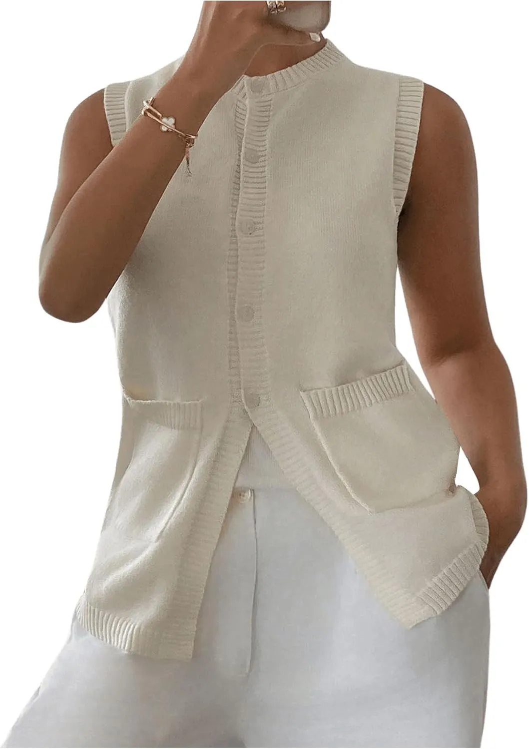 Verdusa Women's Button Front Sweater Vest Split Hem Round Neck Sleeveless Knit Tops with Pockets