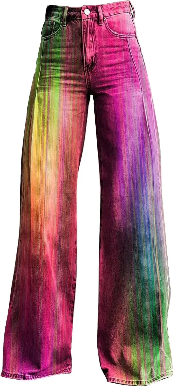 Vintage Printed Wide Leg Pants for Women Casual Floral Print Palazzo Pants High Waisted Bootcut Imitation Denim Pants