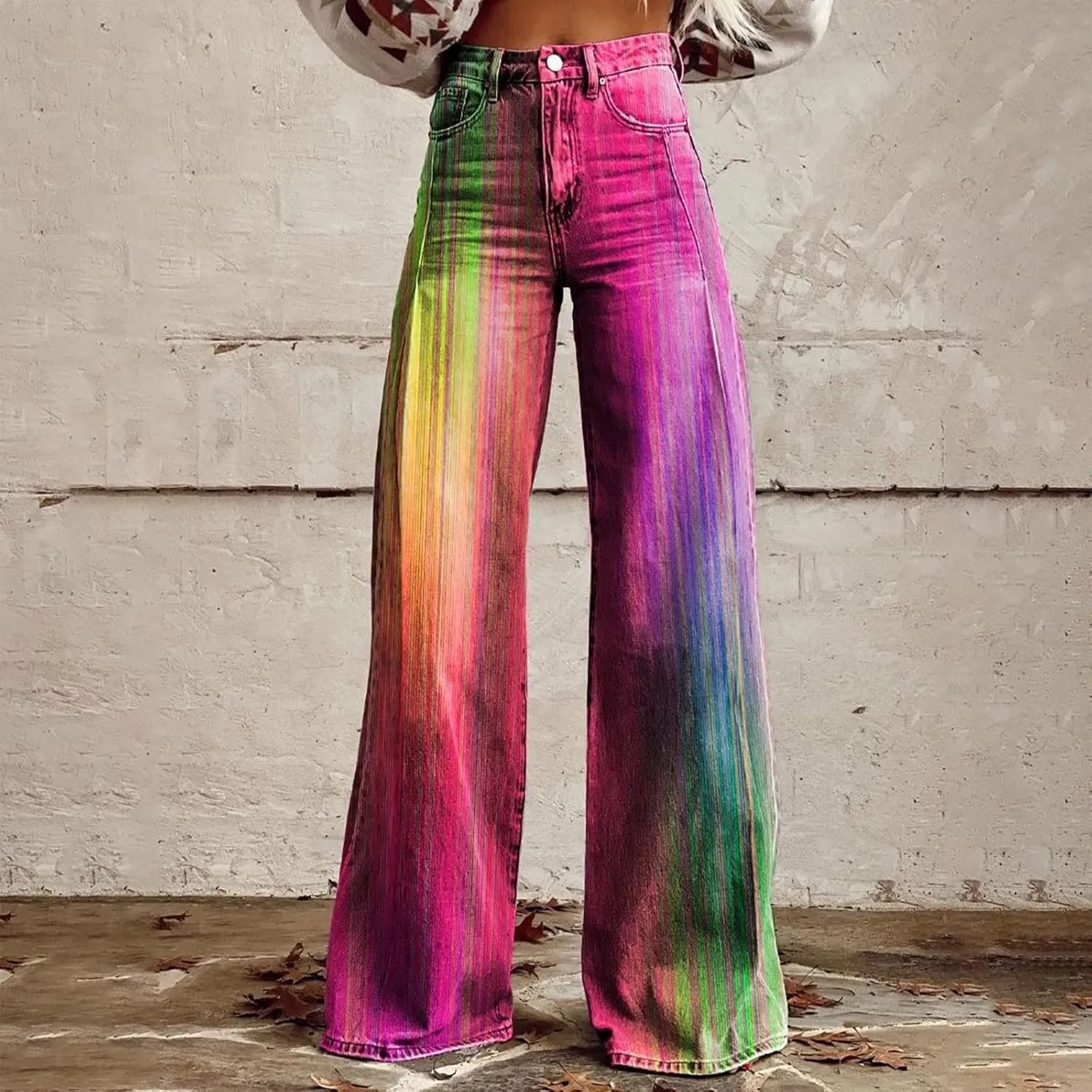 Vintage Printed Wide Leg Pants for Women Casual Floral Print Palazzo Pants High Waisted Bootcut Imitation Denim Pants