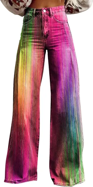 Vintage Printed Wide Leg Pants for Women Casual Floral Print Palazzo Pants High Waisted Bootcut Imitation Denim Pants