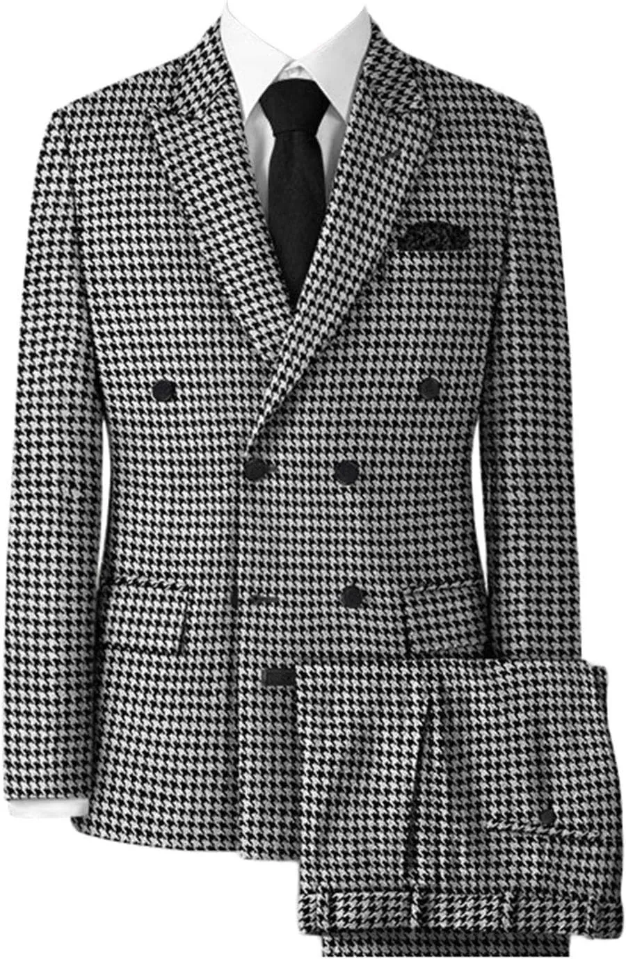 Wemaliyzd Men's Double Breasted 2 Piece Houndstooth Tuxedo Suit Peak Lapel Blazer