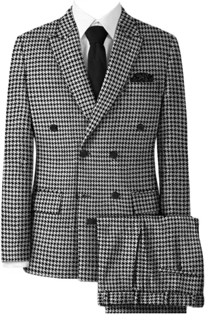 Wemaliyzd Men's Double Breasted 2 Piece Houndstooth Tuxedo Suit Peak Lapel Blazer