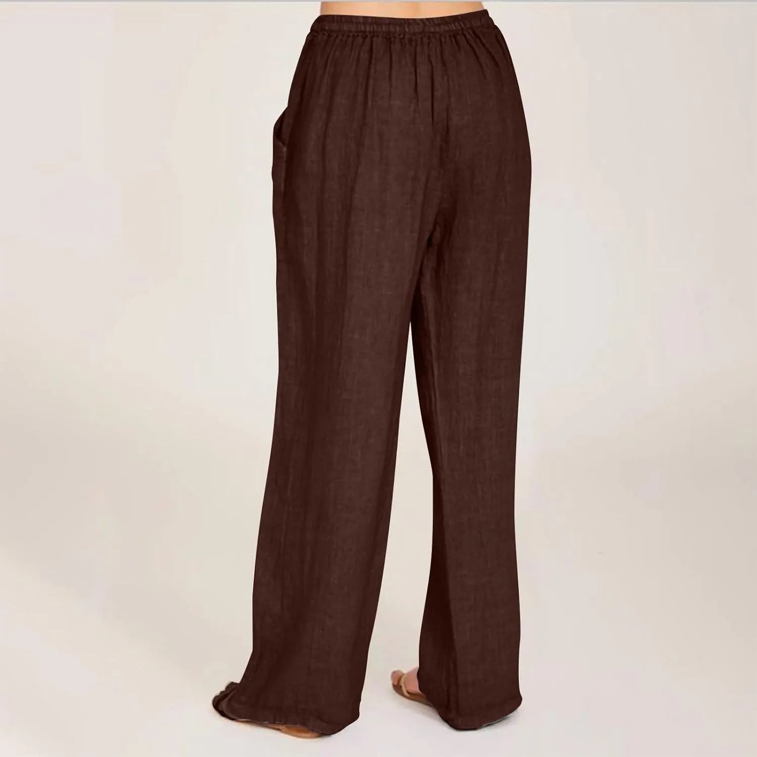 Wide Leg Linen Pants Women Summer Elastic High Waisted Lounge Pants Beach Trouser with Pockets Casual Slacks Clothes