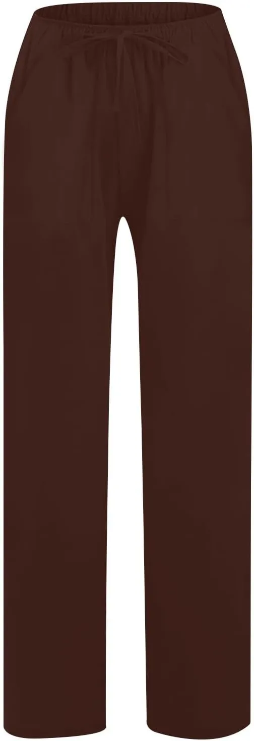 Wide Leg Linen Pants Women Summer Elastic High Waisted Lounge Pants Beach Trouser with Pockets Casual Slacks Clothes
