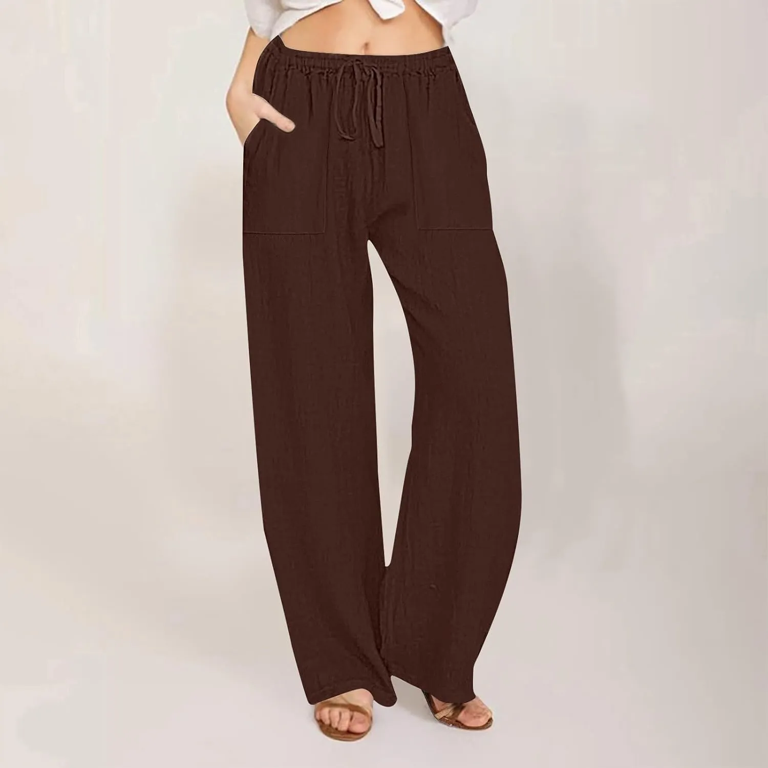 Wide Leg Linen Pants Women Summer Elastic High Waisted Lounge Pants Beach Trouser with Pockets Casual Slacks Clothes