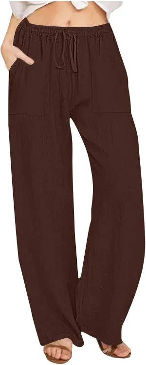 Wide Leg Linen Pants Women Summer Elastic High Waisted Lounge Pants Beach Trouser with Pockets Casual Slacks Clothes